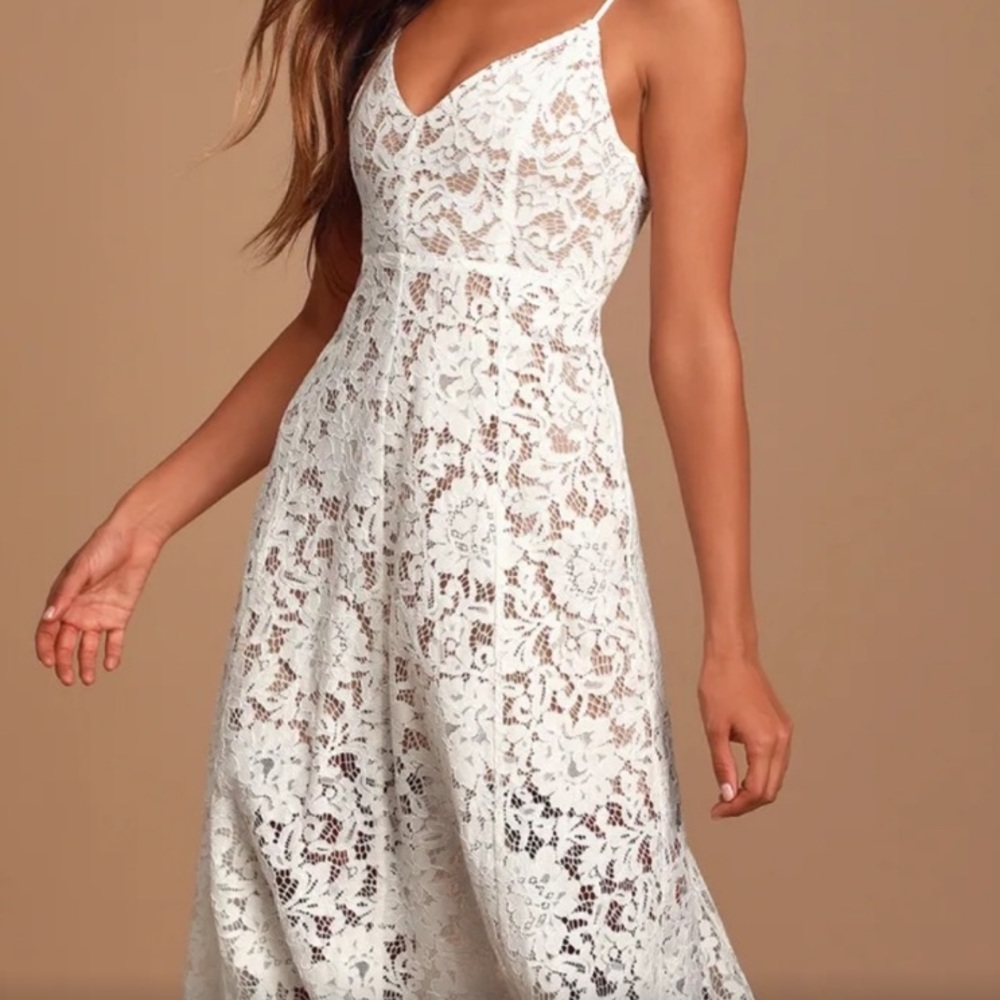 LULUs White Nude Lace Midi Bridal Event Dress